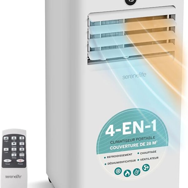 SereneLife Climatiseur Mobile 7000 BTU avec Chauffage, Jusqu'à 31 m² – Silencieux 55 dB, Déshumidificateur, Ventilateur, Télécommande et Écran LED [Classe énergétique A+++]