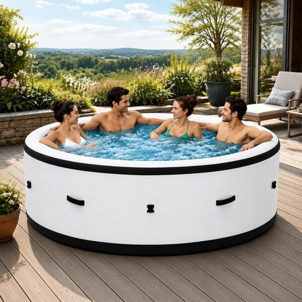 Spa Gonflable 4-6 Places Rond Ø206x71cm, Blanc Spa Extérieur Chauffant 40°C Rapide, 150 Jets de Massage, Matière Anti-Crevaison Robuste, Lampe LED Intérieure 6 Couleurs Jardin