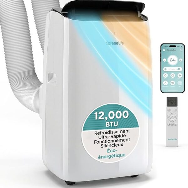 SereneLife Climatiseur Mobile Inverter A+++ 12000 BTU Double Tuyau – 4 en 1 Refroidissement Chauffage Déshumidification Ventilation, Auto-Swing, WiFi, Ultra Silencieux 44 à 49 dB avec Kit Fenêtre [Classe énergétique A+++]