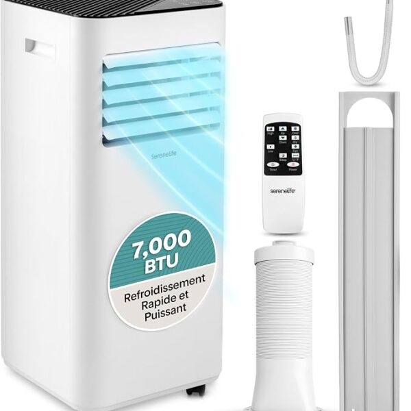 SereneLife Climatiseur Mobile 7000 BTU 28 m² – Climatiseur Portable avec Évacuation, Climatisation Mobile 3 en 1 Ventilateur Déshumidificateur, Kit Fenêtre Inclus, Silencieux 54 dB [Classe énergétique A+++]